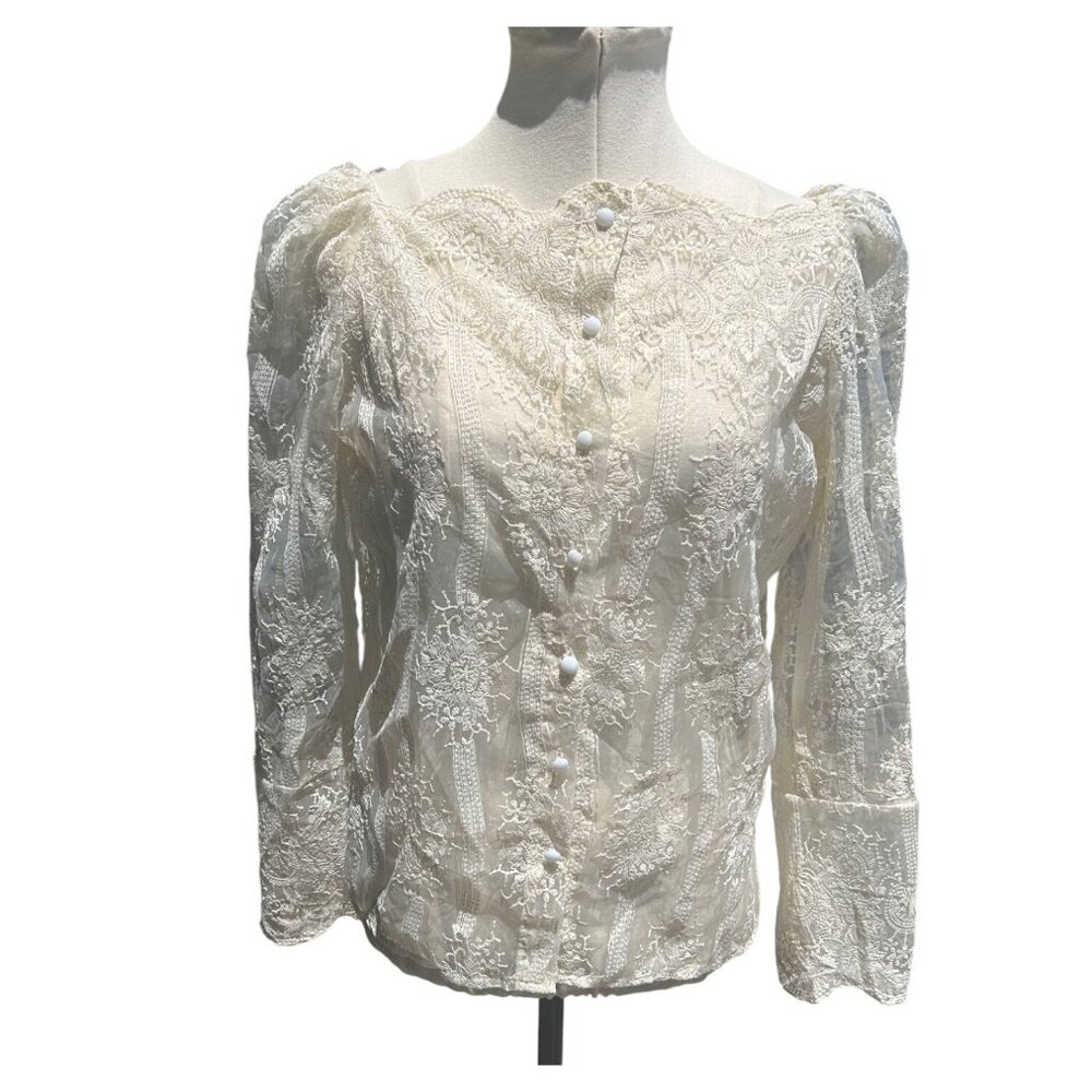 Vintage Chicwish Womens Ivory Lace Blouse Sheer Sleeves & Floral Embellished Sm